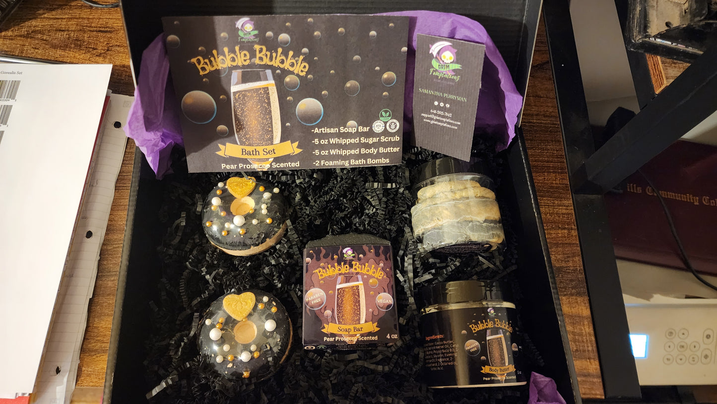 Valentine's Day Spa Gift Box | Black and Gold, Pear Prosecco | 2 Bath Bombs, Soap, Sugar Scrub, Body Butter | Gift Set for Women