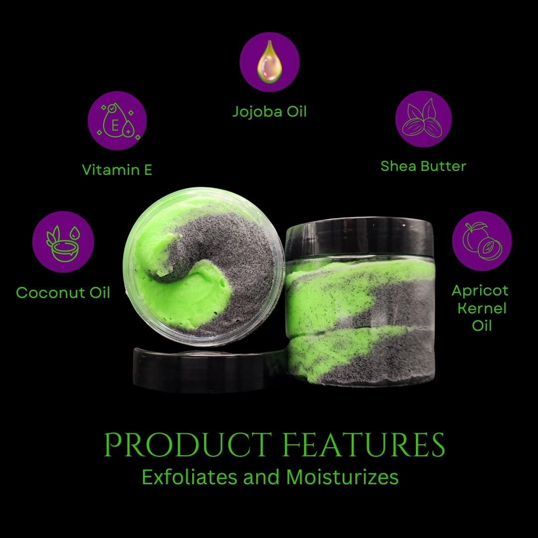 Aurora Gorealis, neon green and black swirled goth themed sugar scrub by grim temptations. Sea lily and lime scented sugar scrub surrounded by bubbles containing the ingredients included in the product. Coconut oil, vitamin e oil, jojoba oil, shea butter, apricot kernel oil. Product features, exfoliates and moisturizes skin. For dry skin.