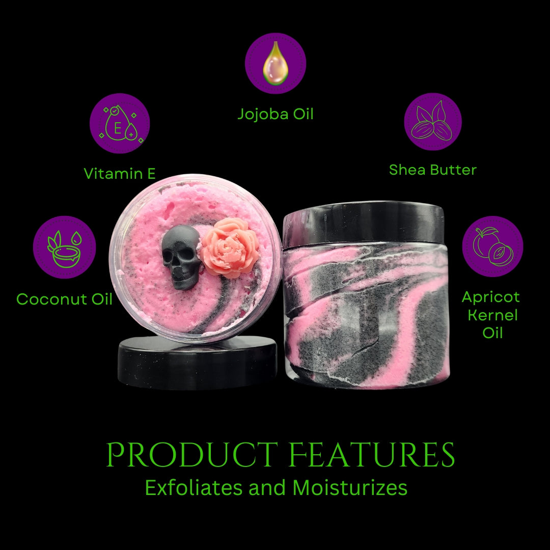 Pastel Death, pink and black swirled pastel goth themed sugar scrub by grim temptations. wild heather and thyme scented sugar scrub surrounded by bubbles containing the ingredients included in the product. Coconut oil, vitamin e oil, jojoba oil, shea butter, apricot kernel oil. Product features, exfoliates and moisturizes skin. For dry skin.