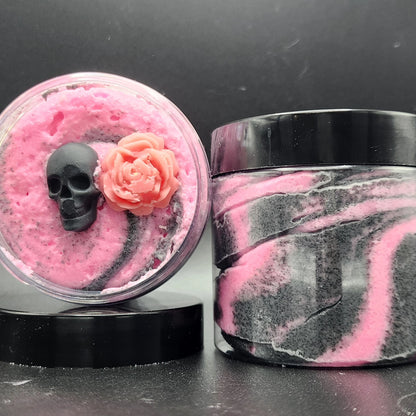 Pastel Death, pink and black swirled pastel goth themed sugar scrub by grim temptations. wild heather and thyme scented, exfoliates and moisturizes skin. For dry skin.